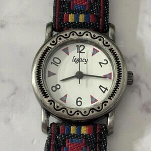 Legacy Quartz Watch Tribal Pattern Band Japan Movement Leather Strap Vintage